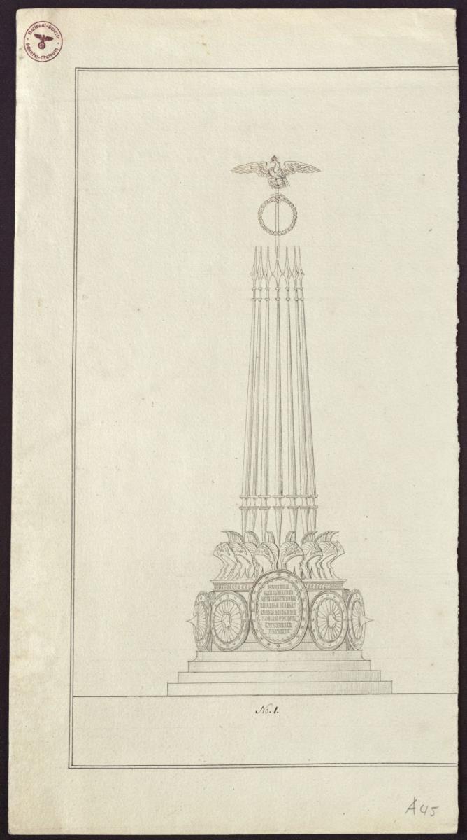 Graudenz (Grudziądz), ehem. Regierungsbezirk Marienwerder (Województwo Kujawsko-Pomorskie). Entwurf zum Denkmal für Wilhelm de Courbière als Tropaion mit Rundschilden und Helmen