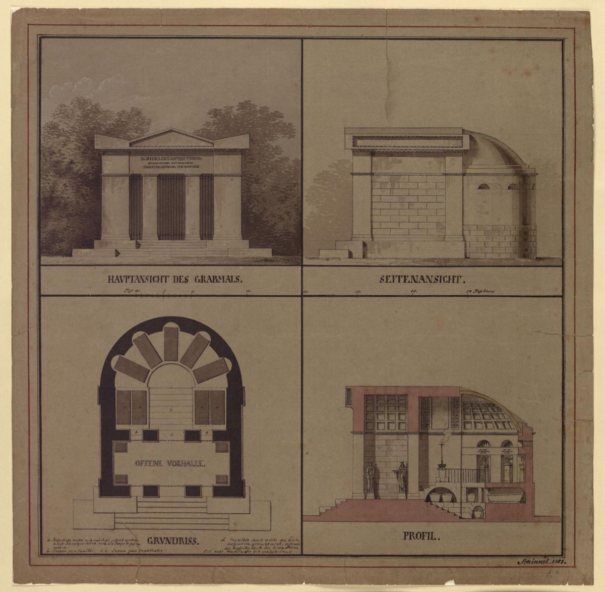 Entwurf zu einem Mausoleum. Grundriss, Ansichten und Längsschnitt