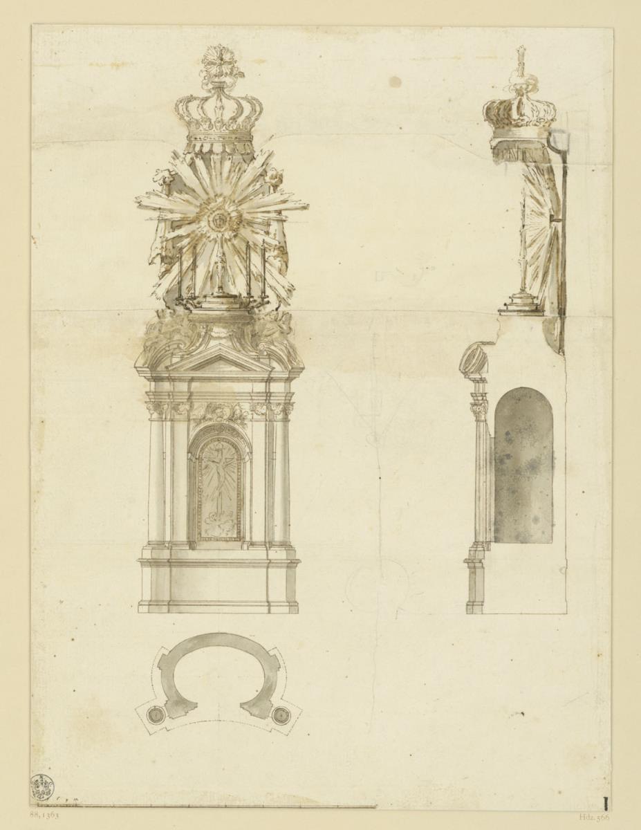 Ziborium des Hochaltars von Gesú e Maria am Corso, Aufriss, Seitenansicht, Grundriss