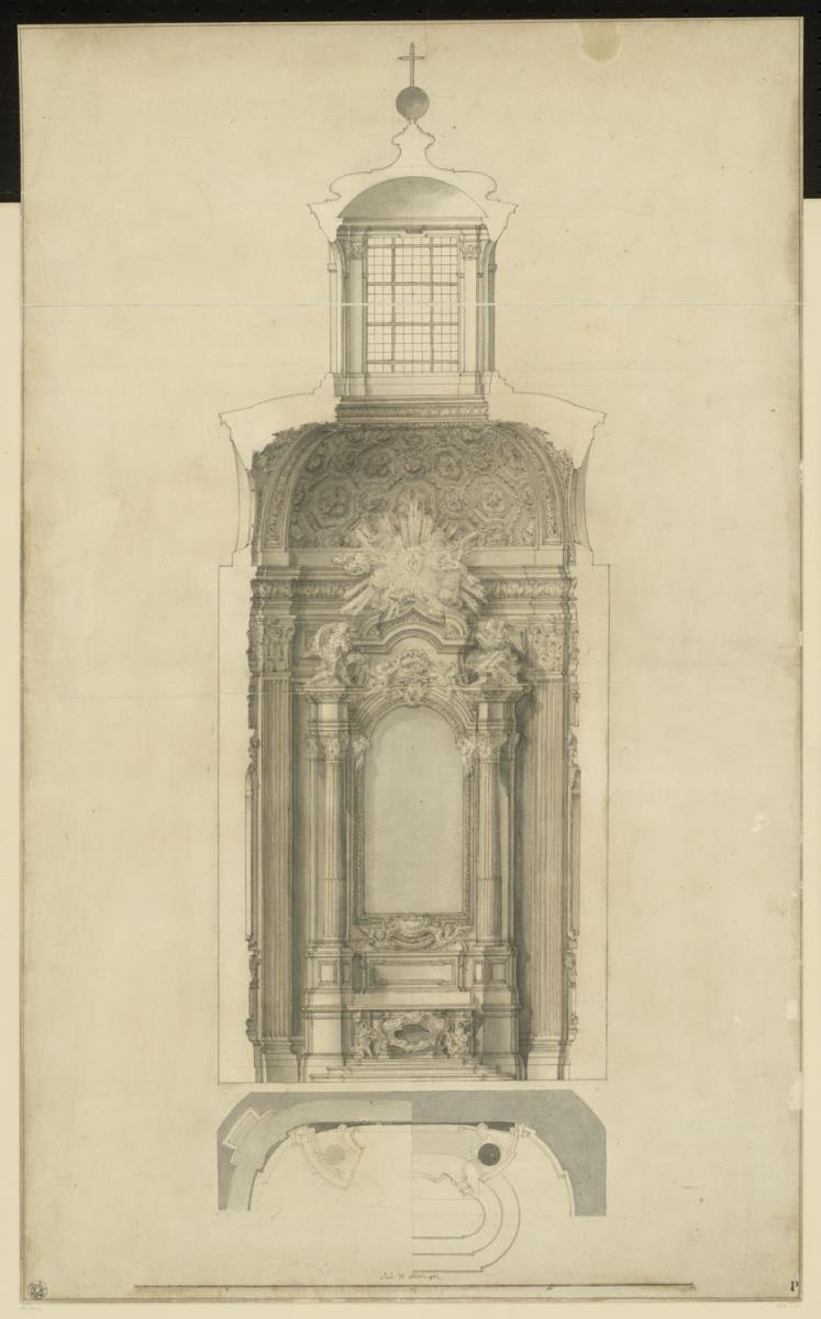 Entwurf für eine Kapelle, Altarnische, Aufriss und Grundriss