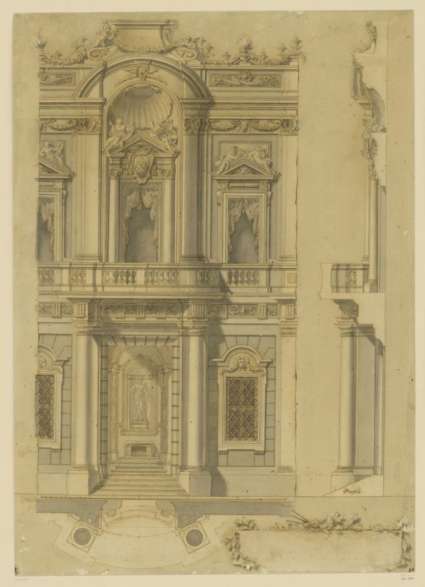 Festdekoration, Palast Mattei di Giore, Rom, Seitenfassade, Ansicht, Grundriss, Schnitt