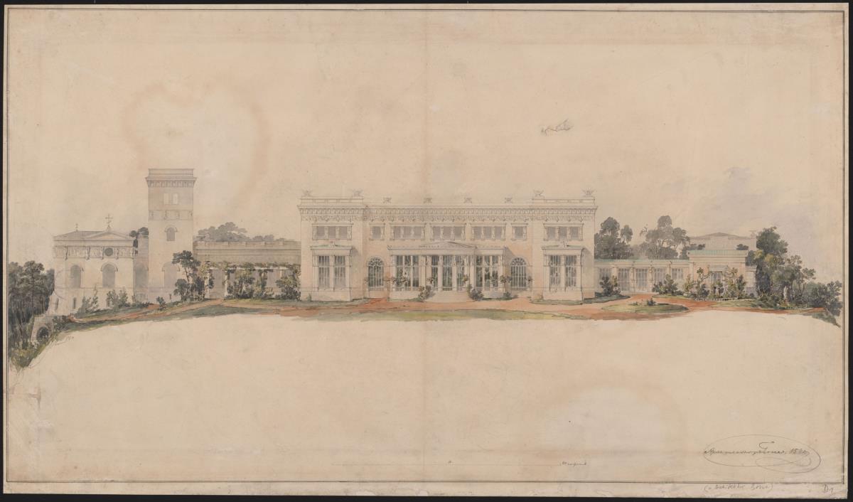 Schloss Orianda auf der Krim. Ansicht von der Gartenseite