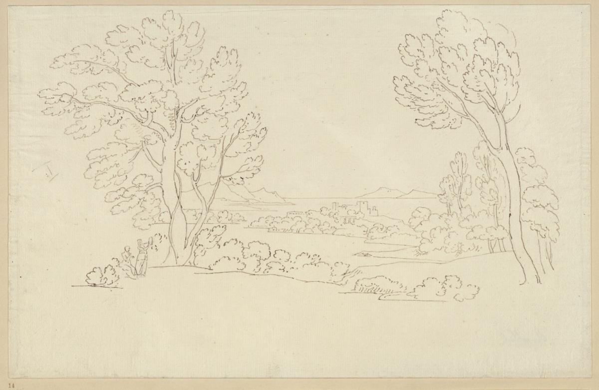Landschaft mit Meeresbucht, Gebäudegruppe im Hintergrund
