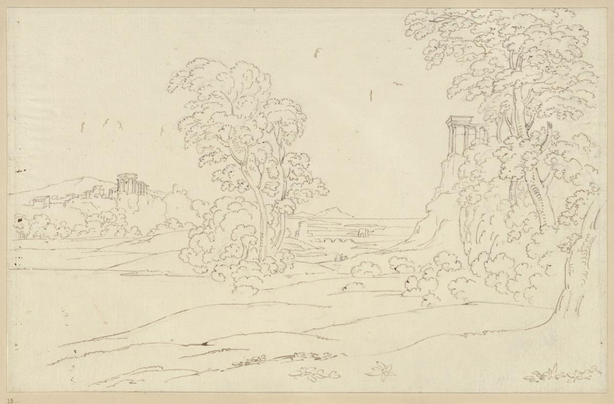 Landschaft mit Tempelruinen, Meeresbucht im Hintergrund