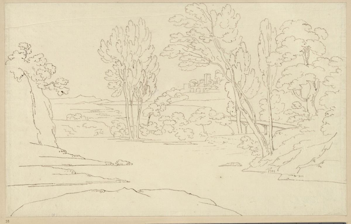 Landschaft mit Gewässer, Gebäudegruppe im Hintergrund