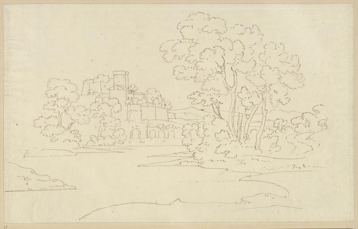 Landschaft mit Gewässer, Gebäudegruppe im Hintergrund