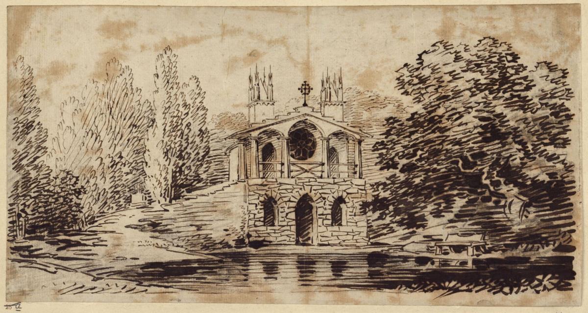 Zweigeschossige gotische Gartenhalle am Wasser