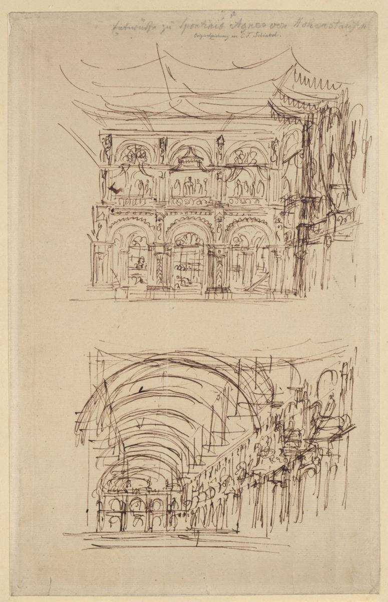 Agnes von Hohenstaufen. Oper von Gaspare Spontini. Vorstudien zu den Entwürfen der 3. und 7. Dekoration. Saalwand und Saal