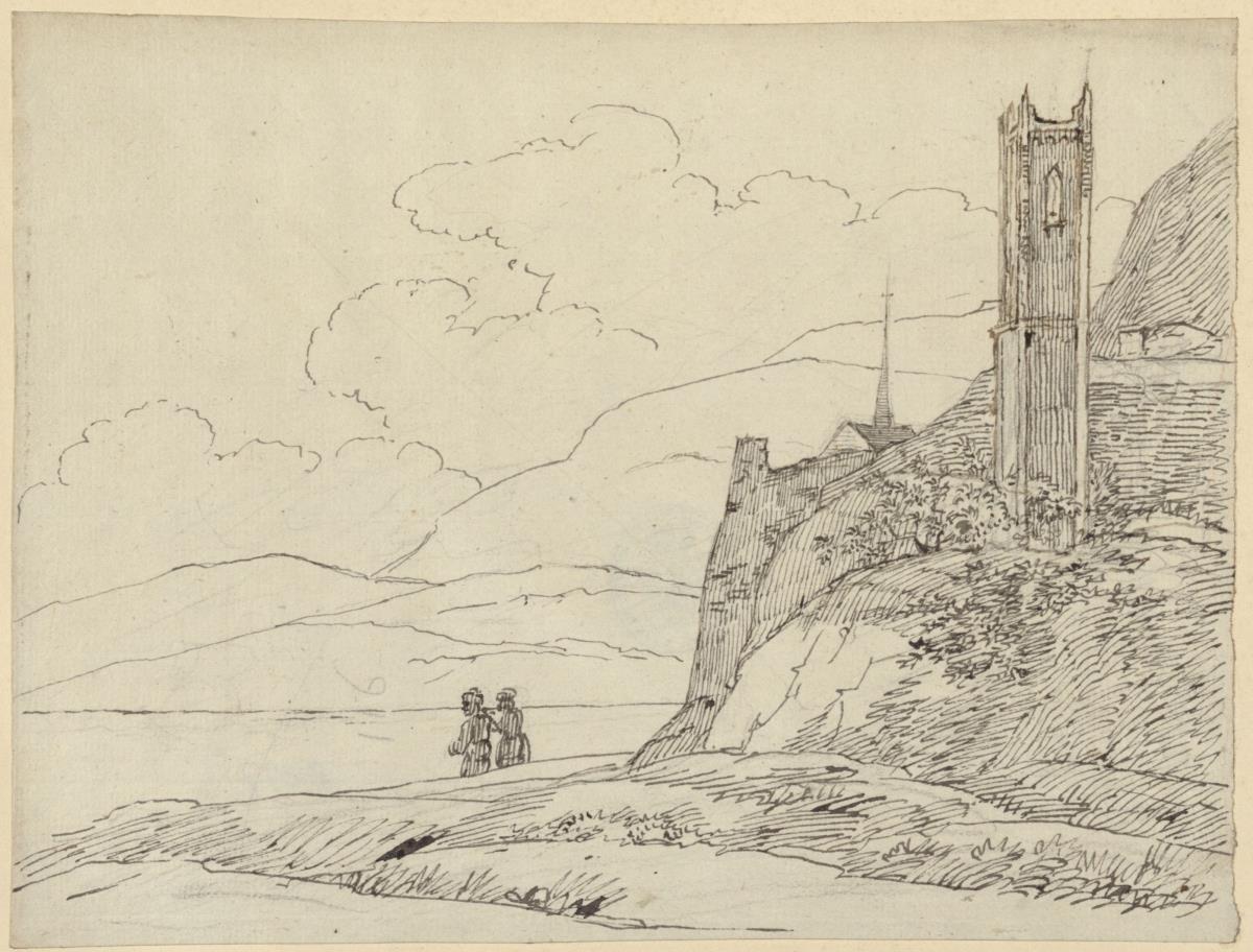Berglandschaft mit Turmruinen und Figuren