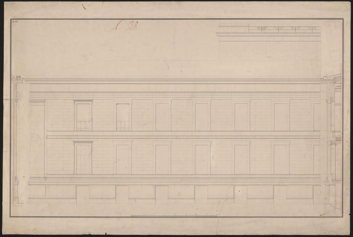 Berlin. Altes Museum am Lustgarten. Aufriss der Osthälfte der Rückfassade, Schnitte