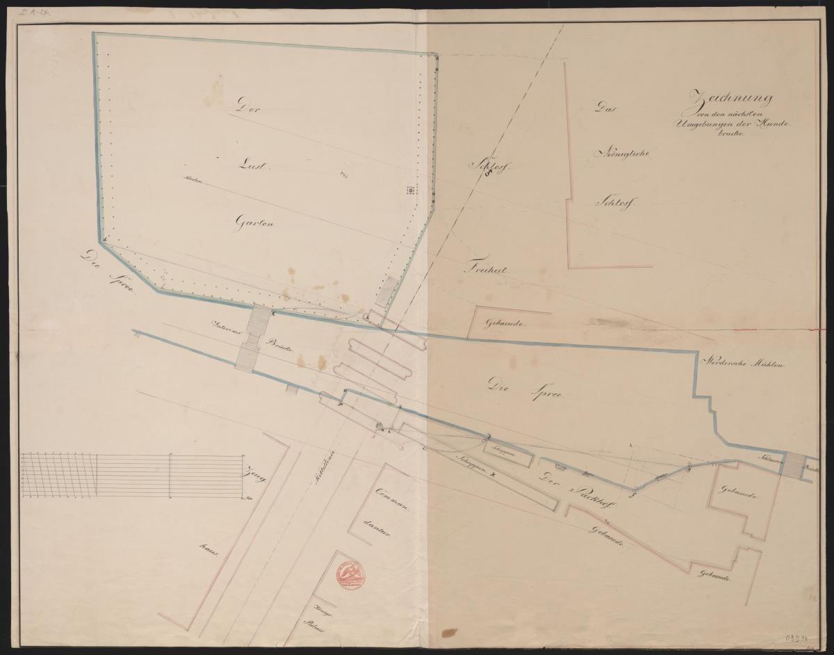 Berlin. Situationsplan mit Packhof, Hundebrücke und Behelfsbrücke
