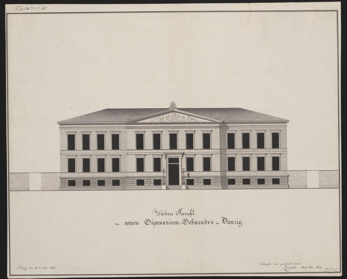 Danzig (Gdańsk). Entwurf zum Städtischen Gymnasium (jetzt Polytechnikum Prżemyslu). Vorderansicht