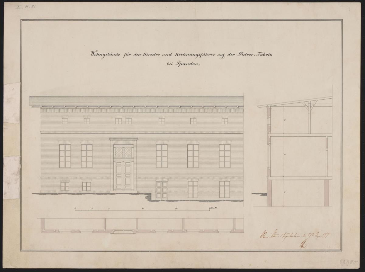 Berlin-Spandau. Entwurf zu einem Direktorengebäude der Pulverfabrik. Aufriss, Querschnitt, Teilgrundriss