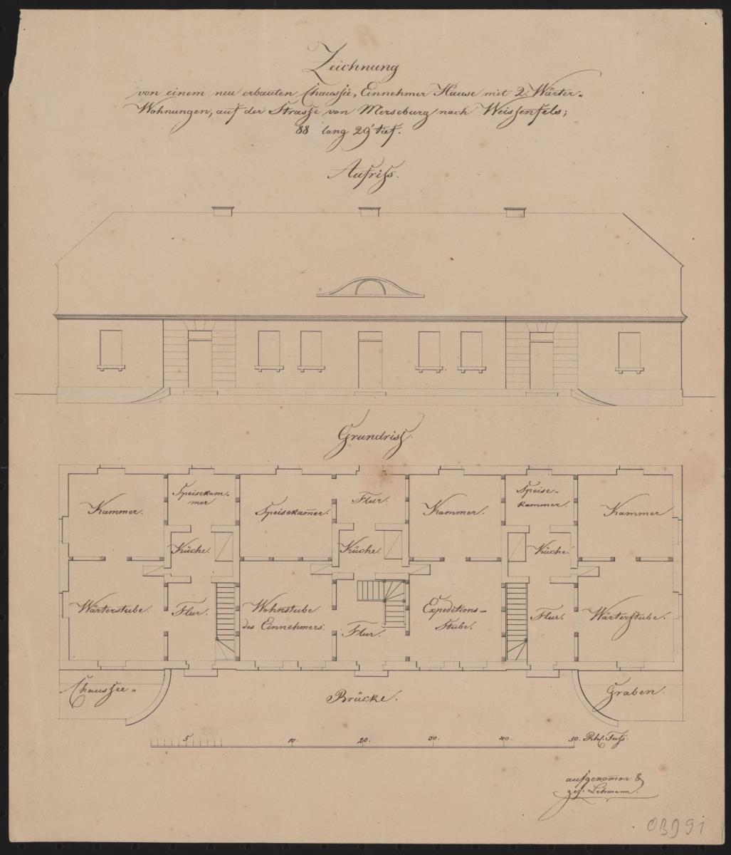 Chausseeeinnehmerhaus an der Chaussee Merseburg nach Weißenfels. Aufriss, Grundriss