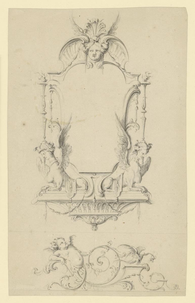 Kartuschen-Entwurf (für Pl. 2 in "Livre de cartouches invente de Bernard Tarot sculpteur du Roy", gestochen von B. Pavillon)