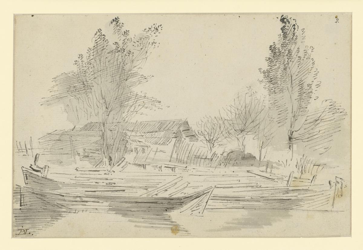 Landschaft mit Bäumen, Holzhütten und Booten am Flussufer