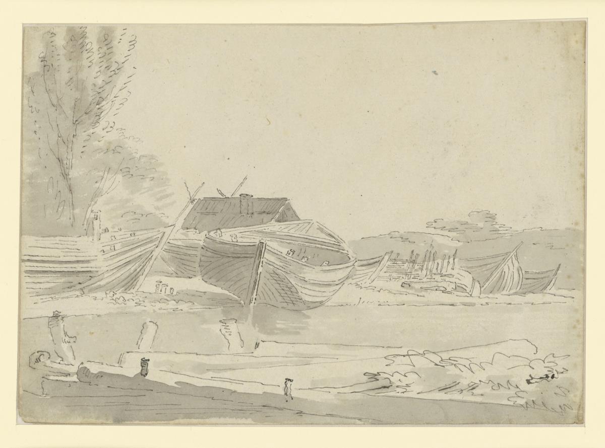 Landschaft / Boote am Flussufer, im Hintergrund Hütte, in der Ferne Windmühlen
