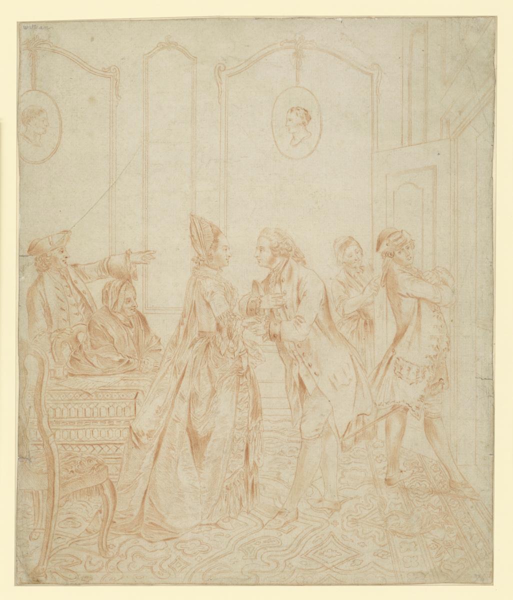 elegante Interieurszene mit drei Paaren (Entwurf für eine Illustration?)