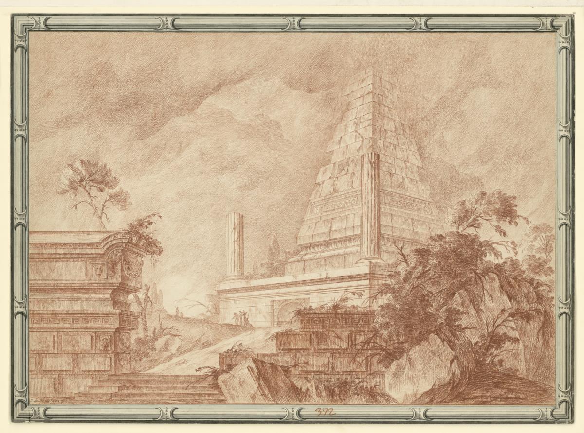 Ruinenlandschaft - Capriccio. Pyramidenstumpf zwischen Ruinen und Bäumen, einige Figuren