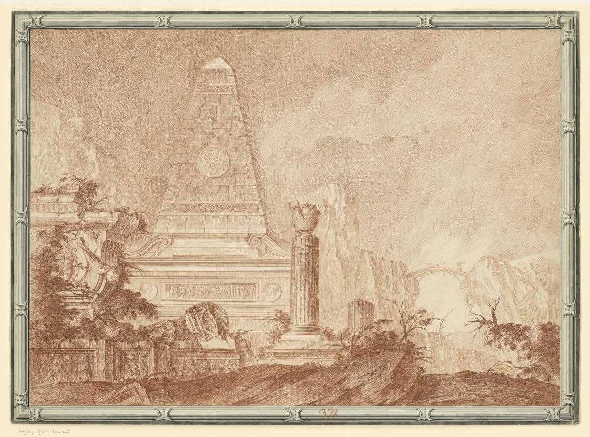 Ruinenlandschaft - Capriccio. Pyramide und zahlreiche Reliefs, rechts Brücke über eine Schlucht