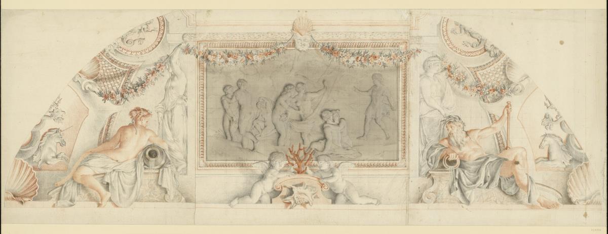 Diana und ihre Nymphen beim Baden entdeckt von Aktaion (Zeichnung nach Eustache Le Sueurs Plafond im Cabinet des bains im Hôtel Lambert)