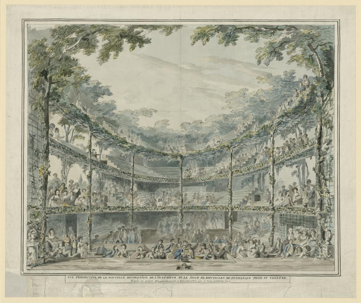 Blick von der Bühne in den Zuschauerraum und den Orchestergraben des Theaters von Dünkirchen, Umgestaltungsprojekt (Vue perspective de la nouvelle decoration de l'interieur de la salle de spectacles de Dunkerque prise du thêatre)
