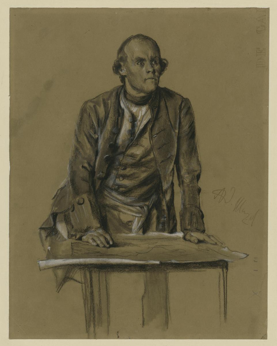 Modellstudie zu Prinz Heinrich von Preussen, Halbfigur en face über einen Tisch gebeugt, "Aus König Friedrichs Zeiten. Kriegs und Friedenshelden", 1856 (zu Bock 1071)