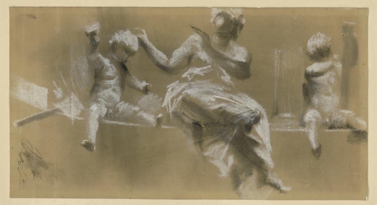 Plastisches Bildwerk auf einem Gesims, allegorische weibliche Figur von Putten flankiert, die die Malerei (r.) und die Bildhauerei (l.) symbolisieren, vgl. Kat.159