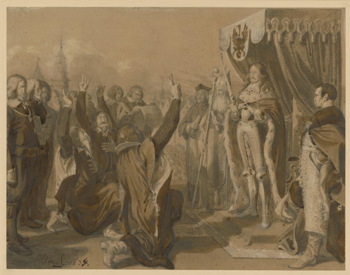 Friedrich Wilhelm Kurfürst von Brandenburg empfängt die Erbhuldigung der Preußischen Landstände zu Königsberg am 18. Oktober 1663. Entwurf für die "Denkwürdigkeiten aus der Brandenburgisch-Preußischen Geschichte"