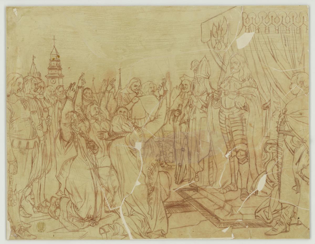 Friedrich Wilhelm Kurfürst von Brandenburg empfängt die Erbhuldigung der Preußischen Landstände zu Königsberg am 10. Oktober 1663. Entwurf für die "Denkwürdigkeiten aus der Brandenburgisch-Preußischen Geschichte"