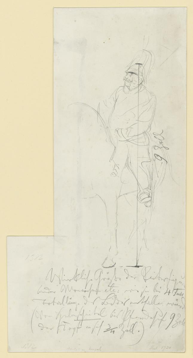 Skizze zur Reiterfigur des Königs "Parade Victor Emanuel am Stadtschloß in Potsdam" mit Notizen