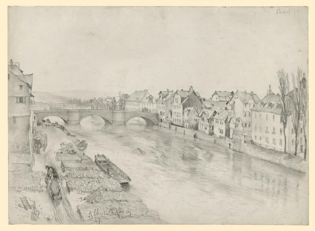 Die Fulda in Kassel. Flusslandschaft mit Brücke und Häusern
