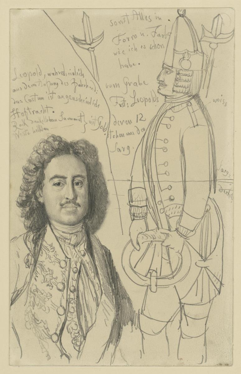 Leopold Fürst von Anhalt-Dessau, Halbfigur en face, Grenadier mit Griff vom Zinnsarg des Fürsten Leopold