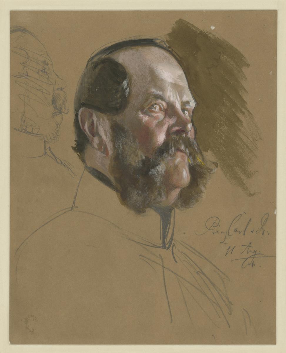 Karl Prinz von Preussen, Brustbild, 3/4-Profil nach rechts in Untersicht, l.: Gesicht im Profil nach rechts (durchgestrichen), Porträtstudie zu "'Die Krönung Wilhelms I. in Königsberg"