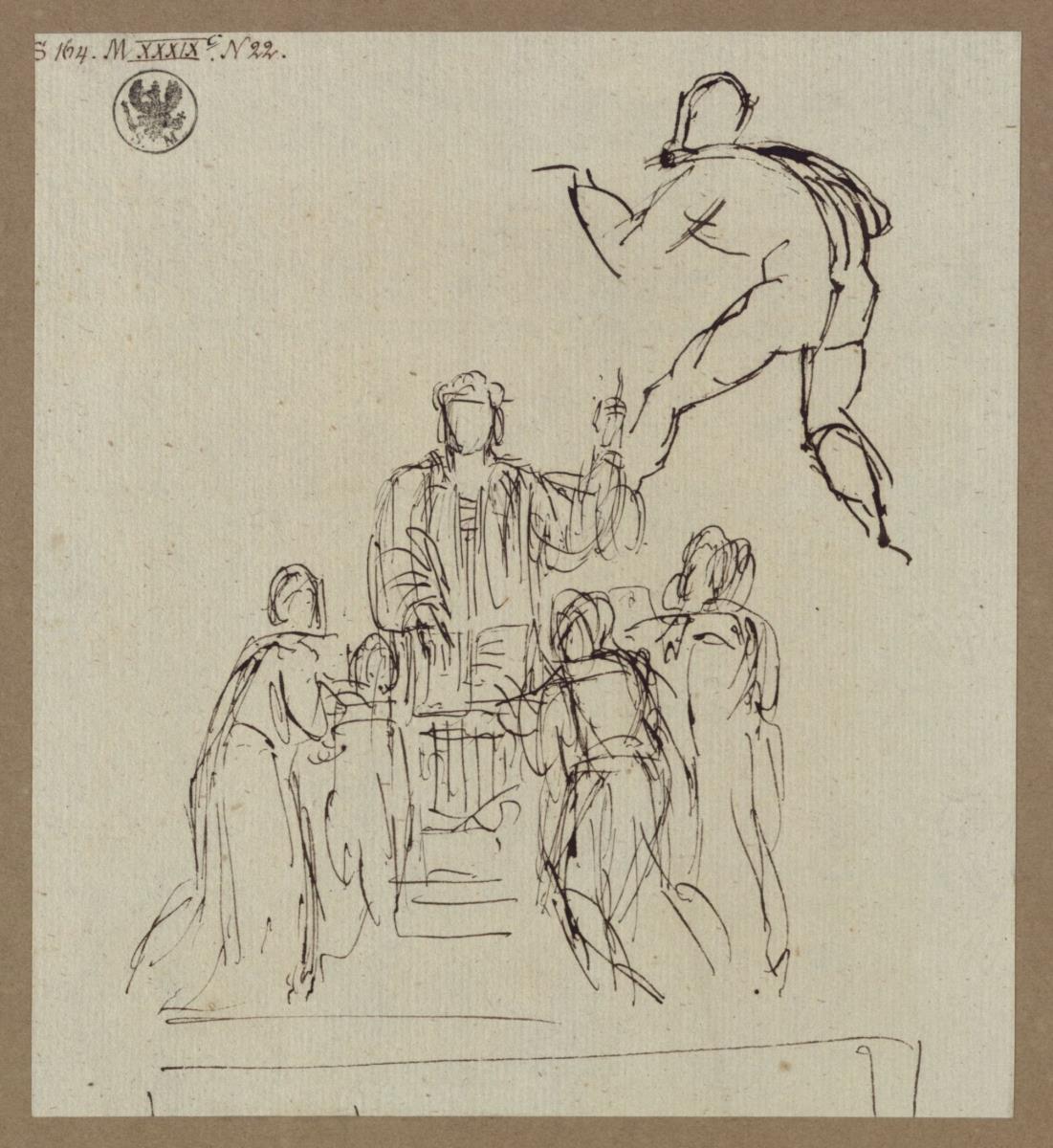 Entwurf zu einem Luther-Denkmal, der Reformator stehend, mit Beifiguren und Studie zu einer Beifigur