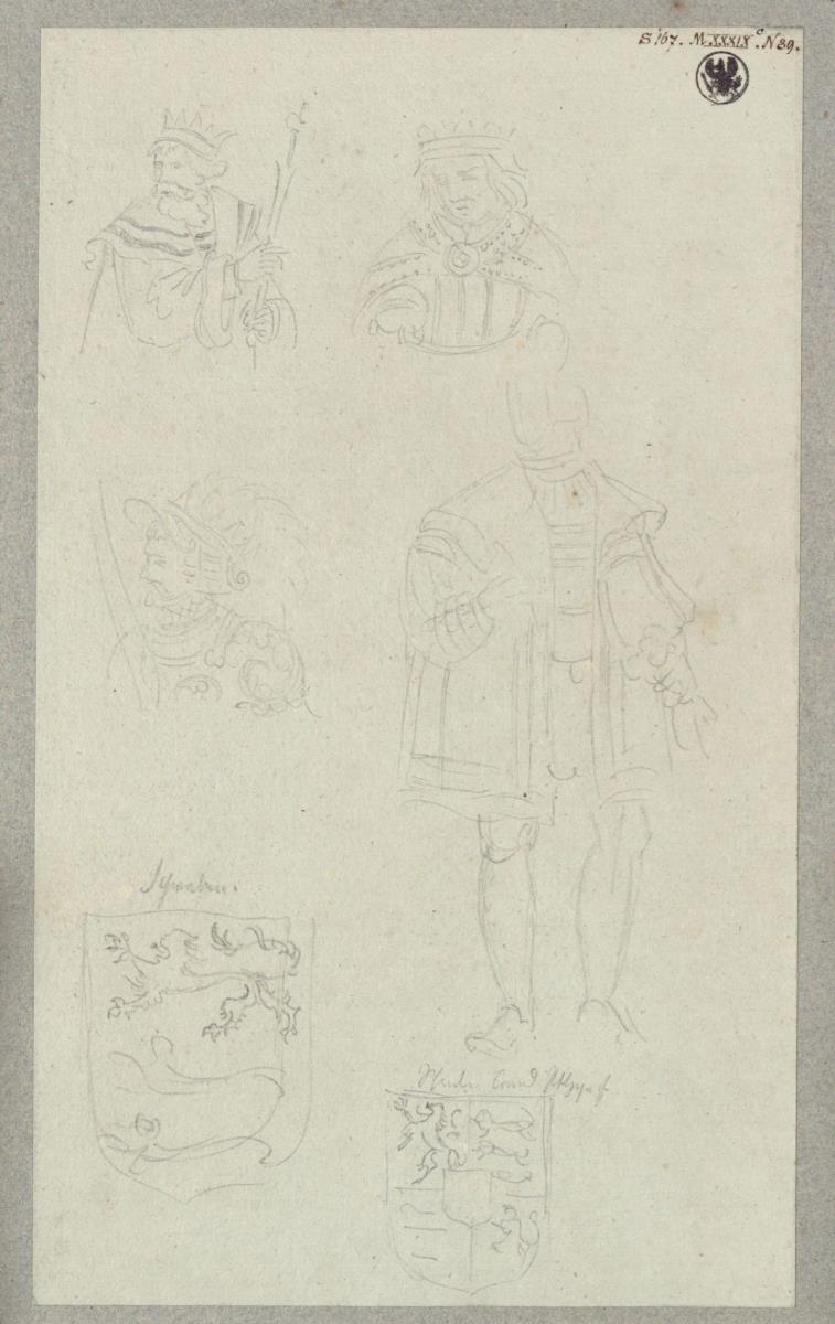 Zwei Brustbilder von Königen & Ein Geharnischter & Eine Kostümstudie & Ein Wappen