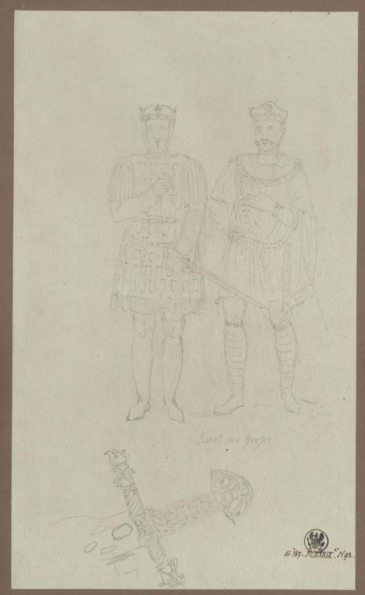 Kostümstudie. Ein Ritter und Karl der Große & Ein Schwertgriff