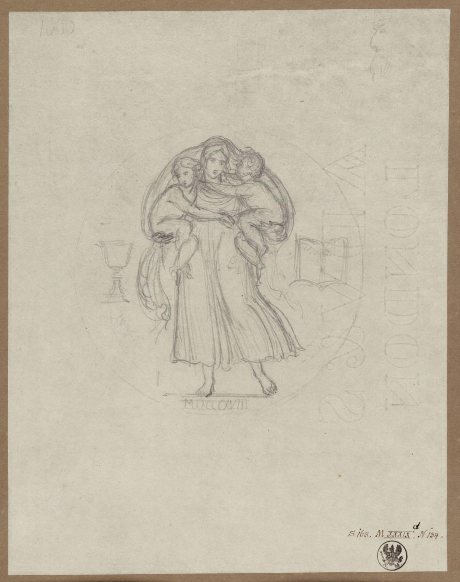 Medaille auf die Union der lutherischen und der reformierten Kirche in Preußen. Entwurf zum Revers mit der allegorischen Darstellung von "Glaube, Liebe, Hoffnung"