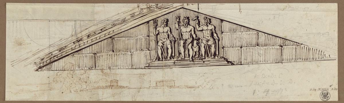 Giebelrelief mit Jupiter zwischen Neptun und wohl Pluto & Studien zu Tempeln