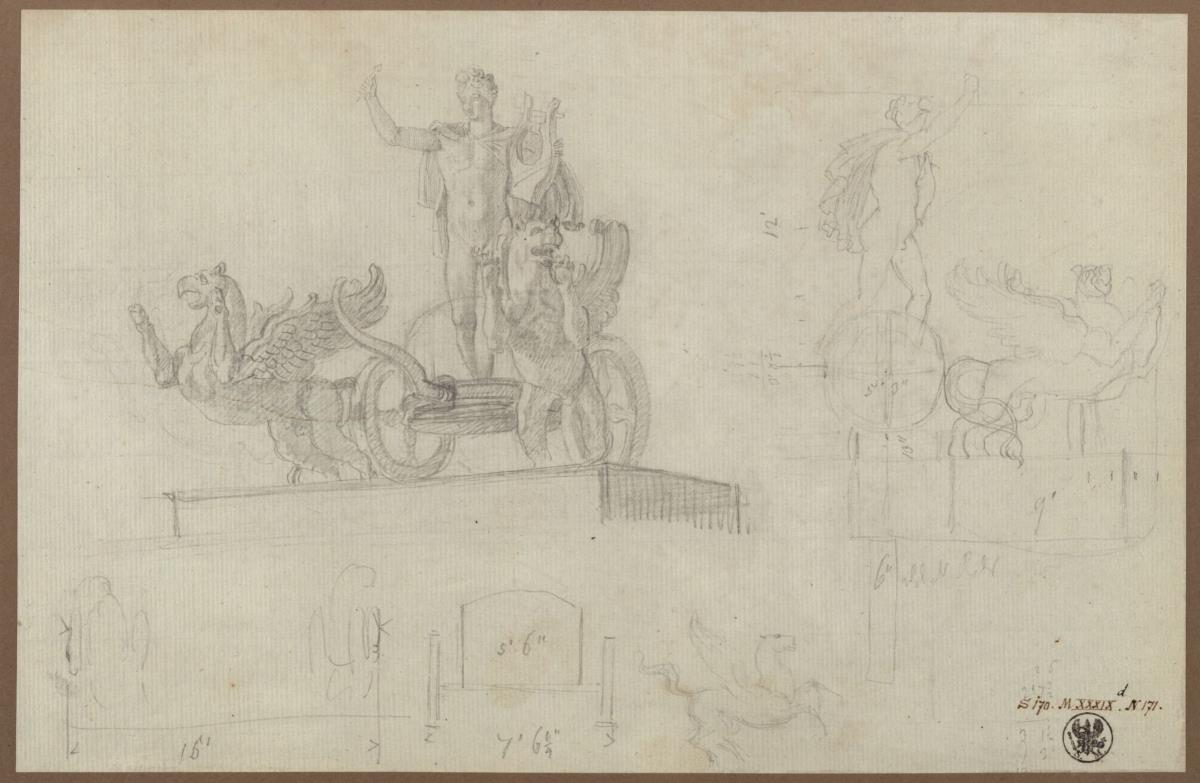 Berlin. Schauspielhaus auf dem Gendarmenmarkt. Entwurf zum Apollon Musagetes mit Greifengespann als Bekrönung des Ostgiebels