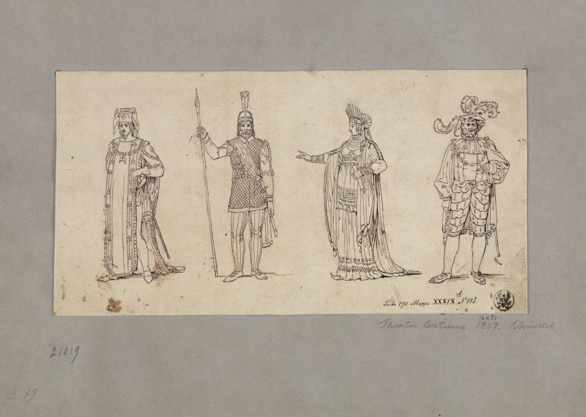 Vier Kostümfiguren aus "Kostüme auf dem Königlichen National-Theater in Berlin"