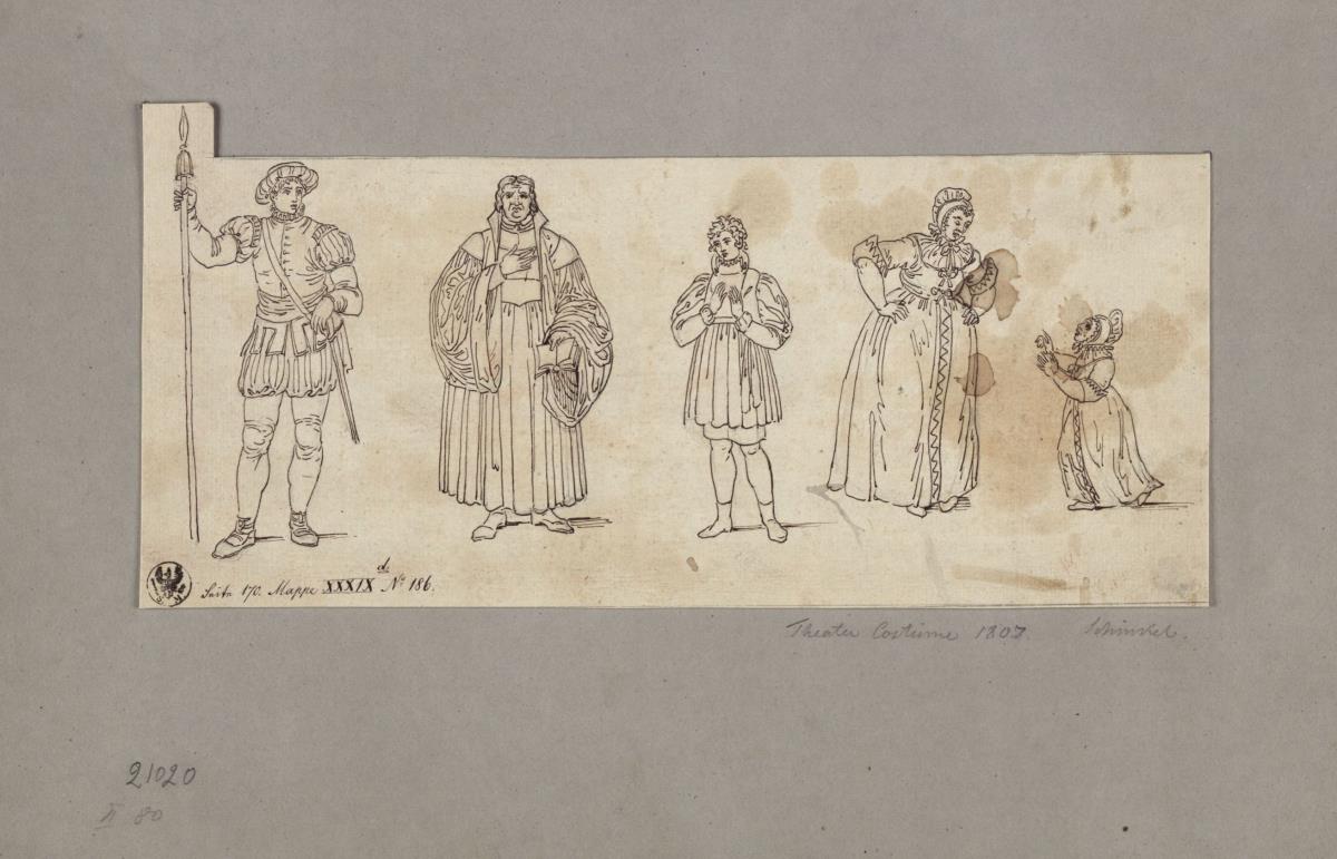 Fünf Kostümfiguren aus "Kostüme auf dem Königlichen National-Theater in Berlin"