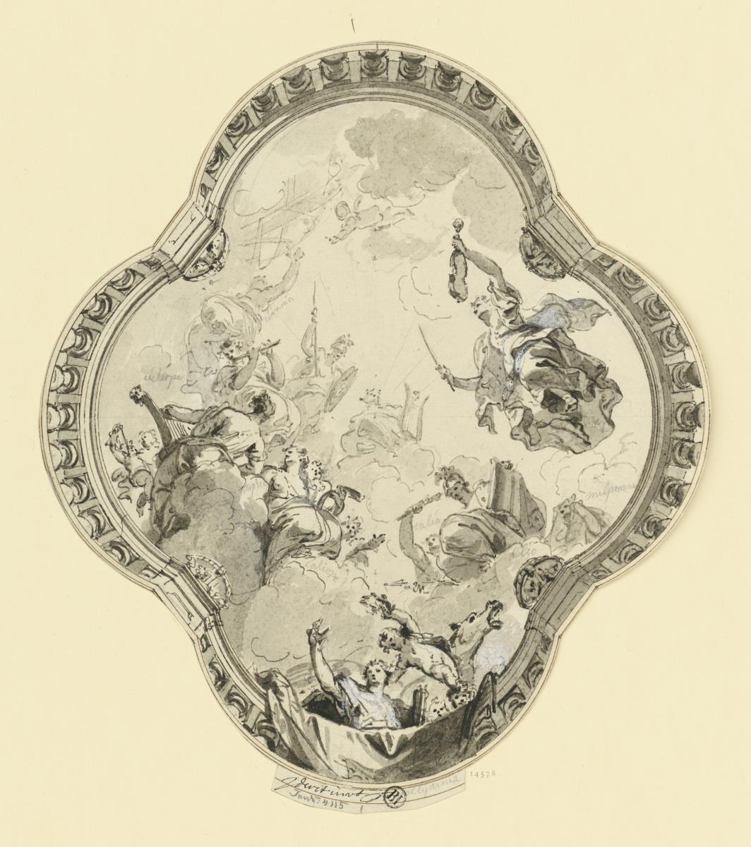 Deckenentwurf: Die neun Musen, rechts oben Erato, im Hintergrund Athena und Helios, von einer Balustrade in Vierpaßform umrahmt