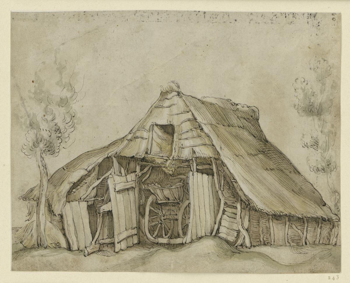 Ein strohgedeckter Wagenschuppen mit Heuboden (Skizzenbuchblatt)