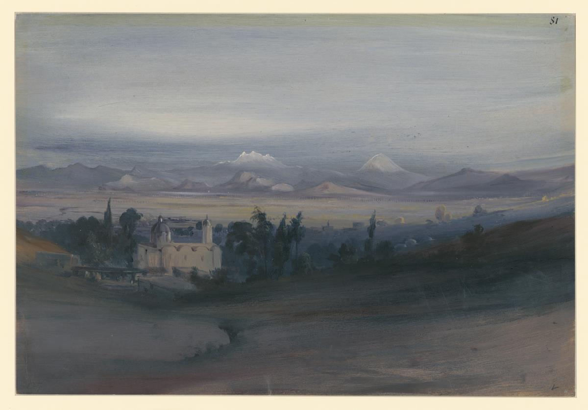 Blick auf den Bischofspalast von Tacubaya und die Sierra Nevada mit den verschneiten Gipfeln der Vulkane bei Nacht