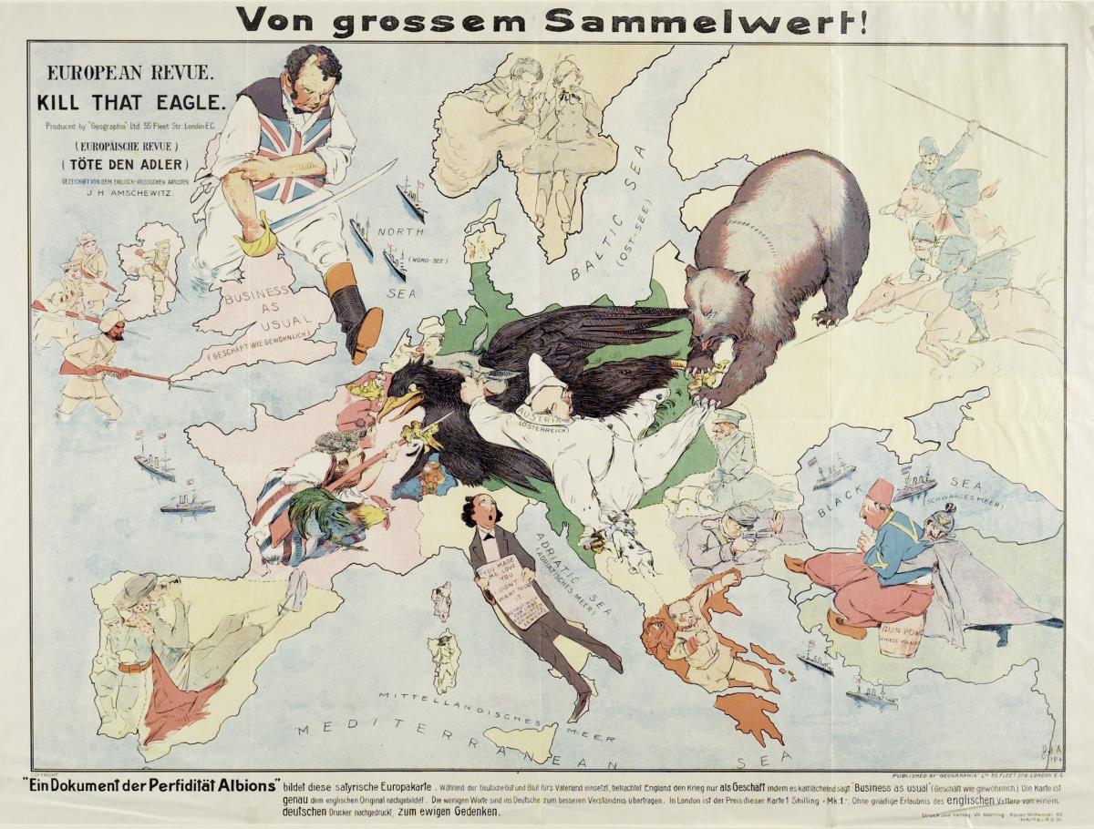 European Revue. Kill that eagle."Ein Dokument der Perfidität Albions" - Satirische Landkarte Europas während des Ersten Weltkrieges.