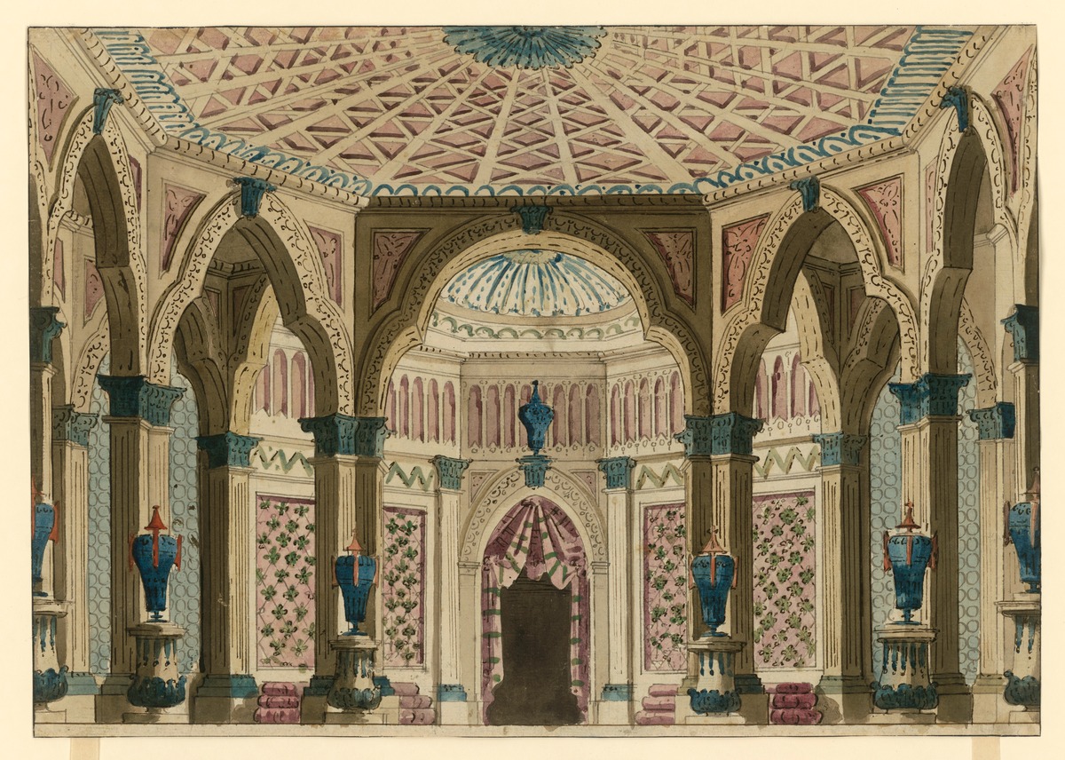 Bühnenbildentwurf: Zentralraum im orientalischen Stil mit Dreipaßarkaden und Umgang