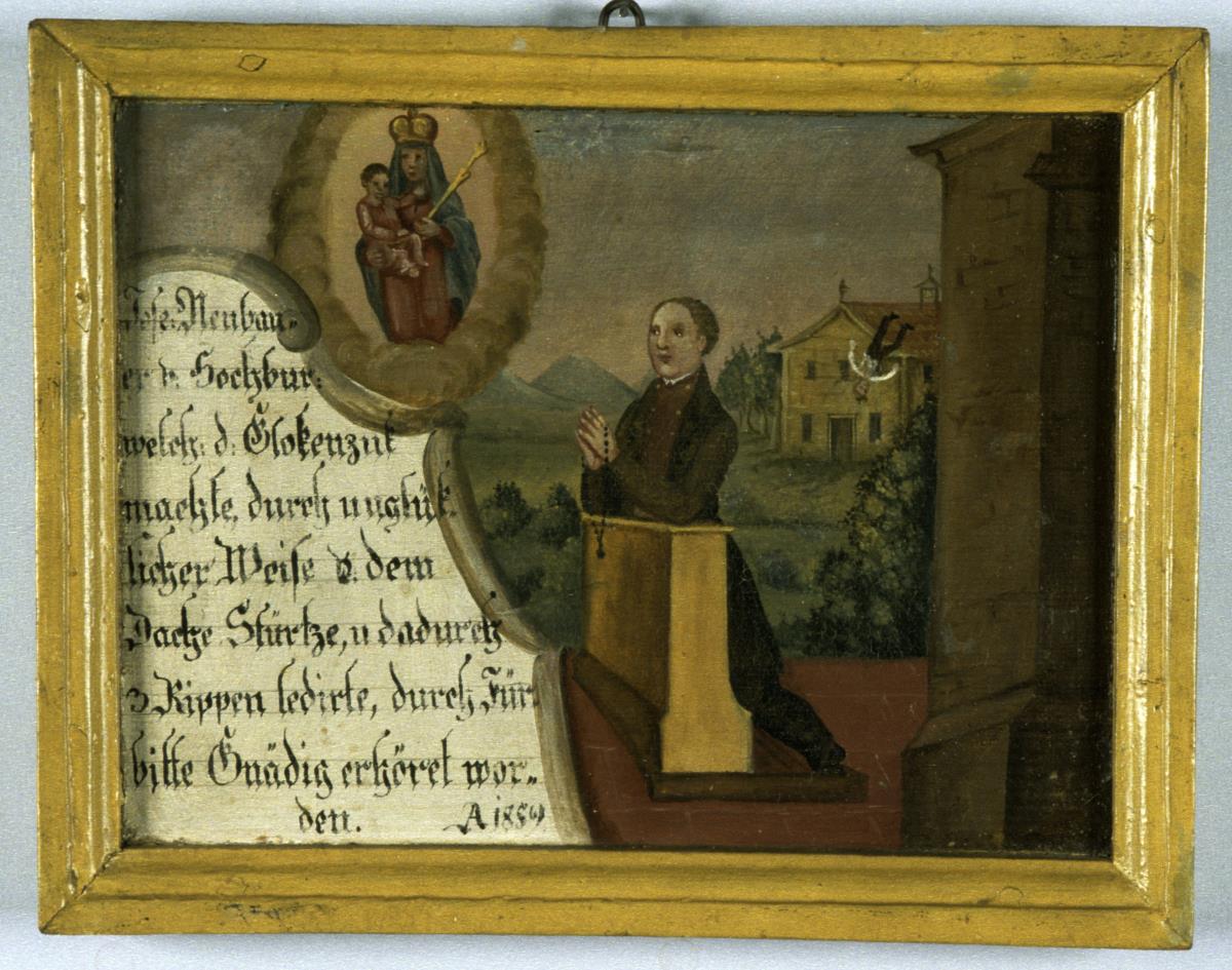 Jose Neubauer v. Hochburg welch d Glokenzuk machte, durch unglüklicher Weise v. dem Dache Sürtze, u. dadurch 3 Rippen ledirte, durch Fürbitte Gnädig erhöret worden A 1859
