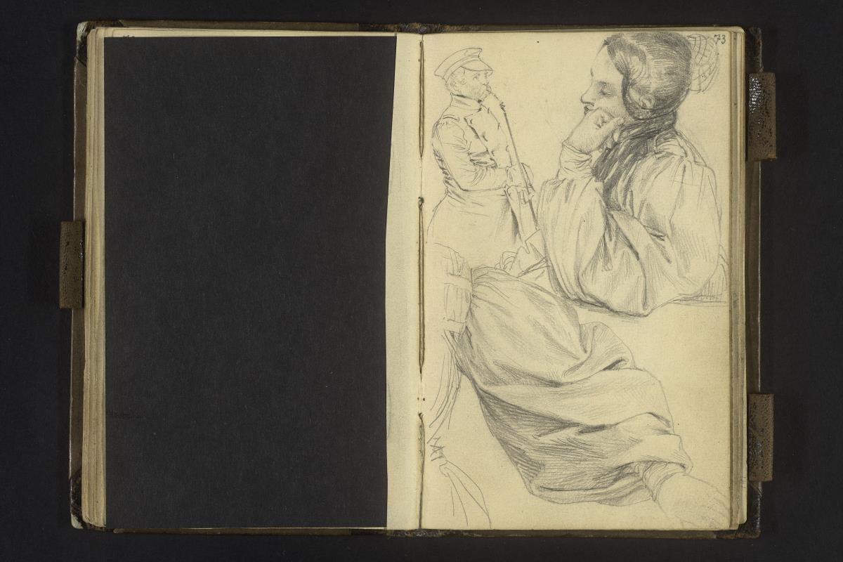 Mann mit langer Tabakspfeife, Frau mit aufgestütztem Arm, weibliche Ärmelstudie