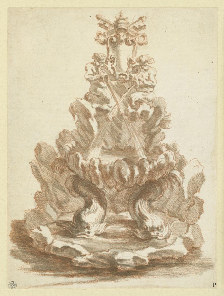 Wandbrunnen mit  Tritonen, Delphinen und leeren Papstwappen